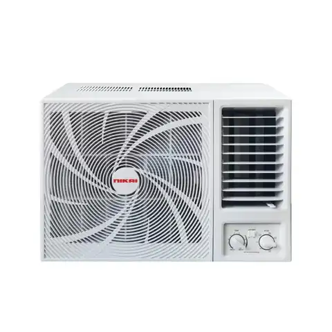 Nikai 20000 BTU window air conditioner with front controls and fan grille.