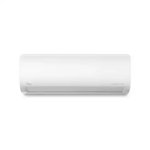 White split air conditioner unit with digital display and sleek design.