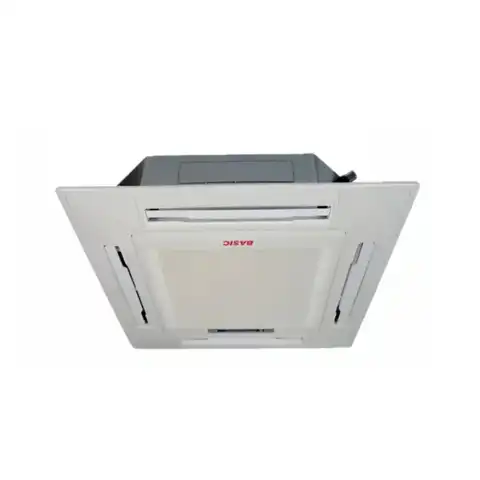 Ceiling-mounted air conditioner unit, 3 tons, inverter model, with a sleek white design and BASIK branding.