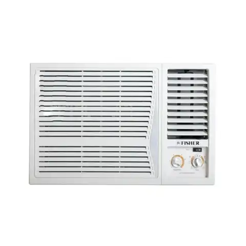 Fisher 18000 BTU window air conditioner with adjustable knobs and vent slats.
