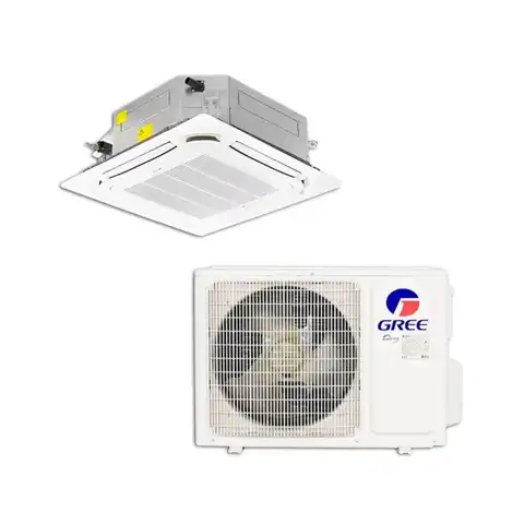 Gree cassette air conditioner unit with indoor and outdoor components, 22,300 BTU, inverter, hot and cold functionality.