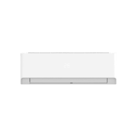 White split air conditioner unit with digital display showing temperature, model HS18C2VF.