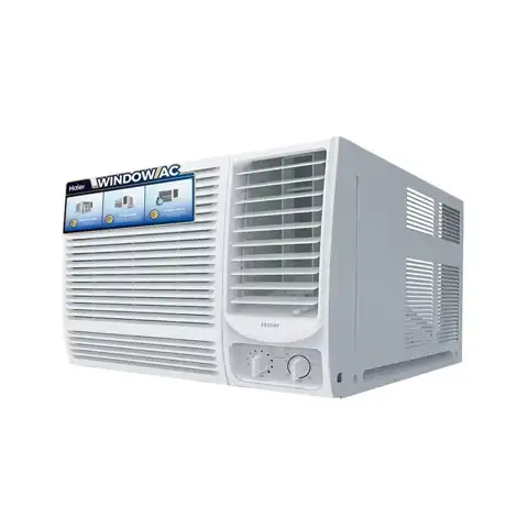 Haier 17200 BTU window air conditioner with control knobs and adjustable vents.