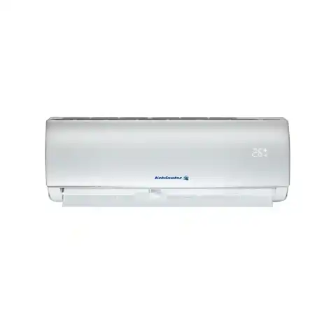 White split air conditioner with digital display showing temperature, brand logo visible.