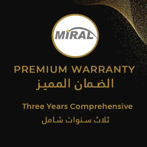Miral Premium Warranty advertisement featuring a logo and details about a three-year comprehensive warranty.