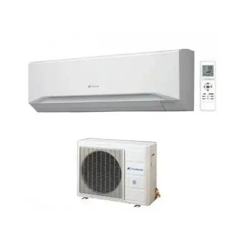 Fuji split air conditioner unit with indoor and outdoor components, remote control included.